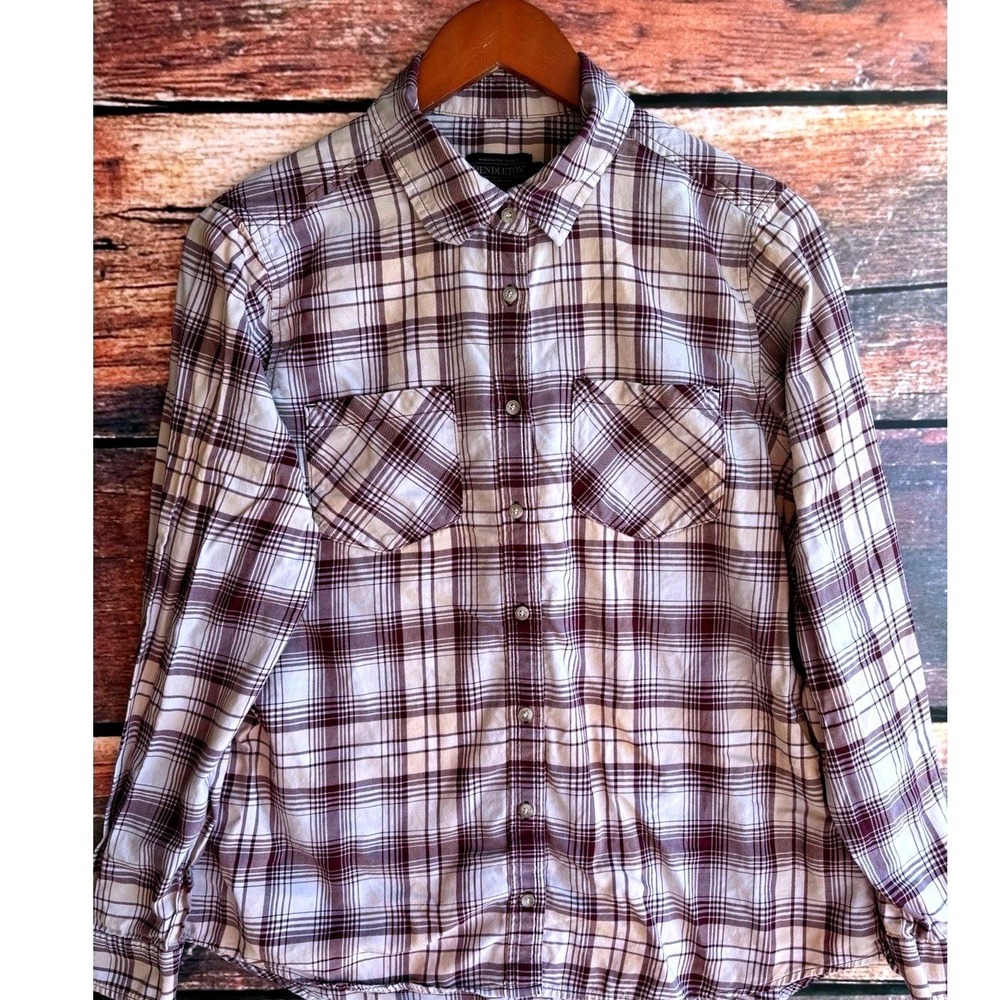 Pendleton Womens Burgundy‎ Cream Plaid Button Down Shirt Flap Pockets Size M